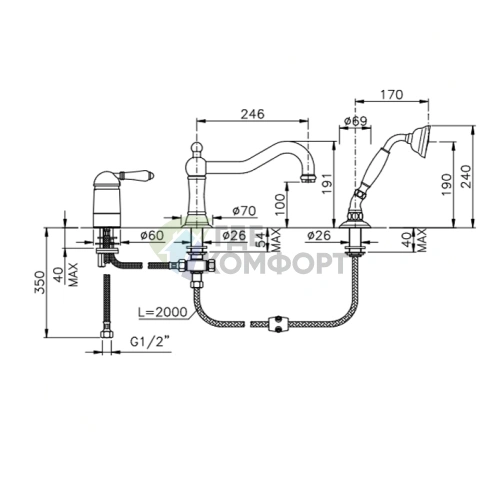 Смеситель для ванны Nicolazzi P.m. Blanc A с ручным душем и изливом 246 мм, хром (3449CR76A) - фото 2