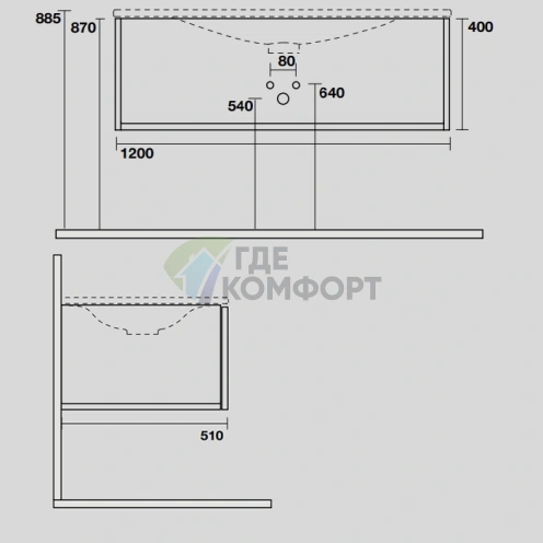 Керамическая раковина KERASAN SHAPE 1220x520 мм, встраиваемая, белая глянцевая (548001*1) - фото 2
