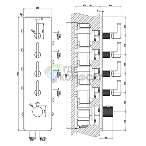 GESSI INCISO Встраиваемый термостатический смеситель на 4 выхода с внешней резьбой 3/4, цвет Nero XL (58208#299) - фото 2