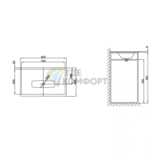 Раковина BETTE LUX SHAPE 800x495 белая на каркас с отверстием под смеситель (Q011-815) - фото 2