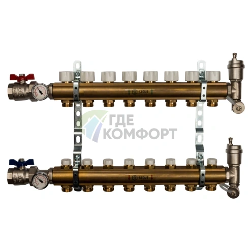 Коллекторная группа из латуни без расходомеров на 8 выходов STOUT - фото 1