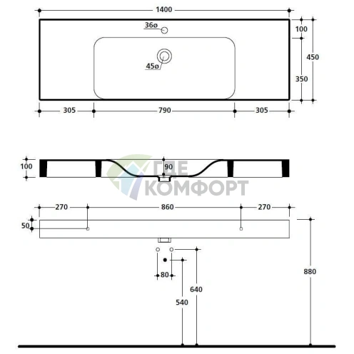 Подвесная раковина KERASAN Cento 140x45 см белая (353501*1) - фото 4
