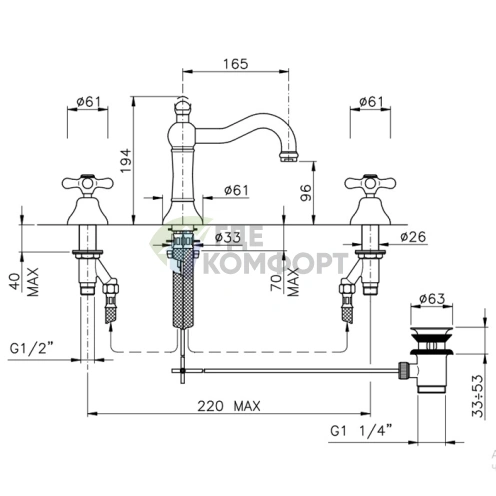 Смеситель для раковины Nicolazzi Nuova Brenta на 3 отверстия с донным клапаном, цвет Gold Brass (2509GB) - фото 2