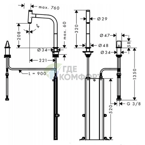 Кухонный смеситель Hansgrohe Metris Select M71 с вытяжным душем и поворотным изливом, цвет под сталь (73804800) - фото 2