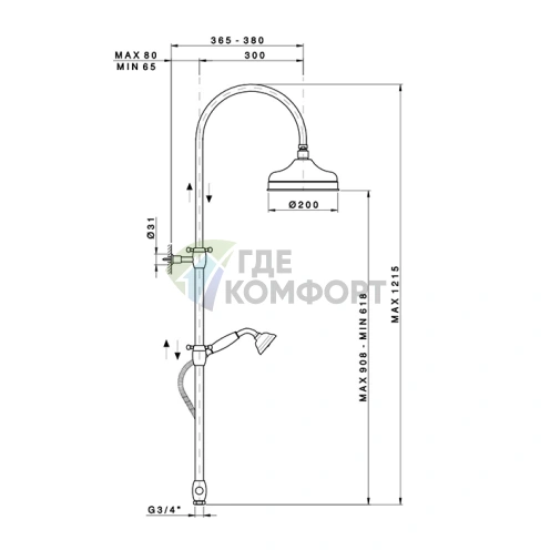 Душевая стойка Nicolazzi Doccia с верхним и ручным душем, 200 мм, цвет бронза (5719WSBZ20) - фото 2