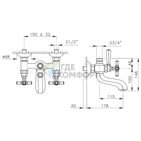 Настенный смеситель для ванны с душем Nicolazzi Teide в хроме (1900CR05) - фото 2