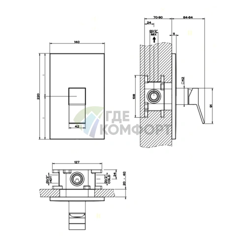 Смеситель для душа Gessi Rettangolo K однорычажный встраиваемый (хром) (53061#031) - фото 2