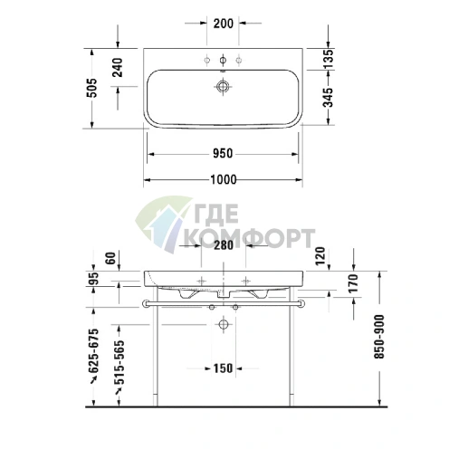 Раковина Duravit Happy D2 для мебели, белая, 1000x505 мм (2318100028) - фото 2