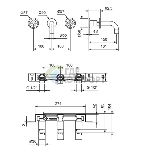 Встраиваемый смеситель для раковины Fantini Fontane Bianche на 3 отверстия без донного клапана, цвет Matt Gun Metal PVD (47 P5 P010B) - фото 2