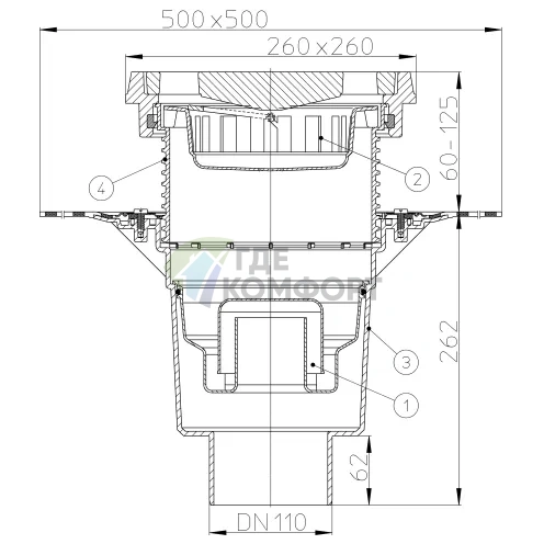 Трап HL616.1HW с решеткой 226x226 мм-с гидроизоляционным полотном-грязеуловителем и вертикальным выпуском DN110 - фото 3