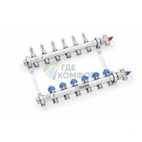 Коллекторная группа REHAU HKV-D на 2 выхода (РЕХАУ - 12080211002)1x3/4ЕК из нержавеющей стали с регулирующими и термостатическими вентилями и расходомерами - фото 2