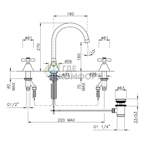 Смеситель Nicolazzi Nuova Brenta для раковины на 3 отверстия с донным клапаном и высоким поворотным изливом (2507CR) - фото 2