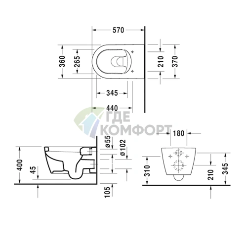 Унитаз подвесной Duravit ME by Starck с вертикальным смывом и покрытием WonderGliss (25280900001) - фото 2