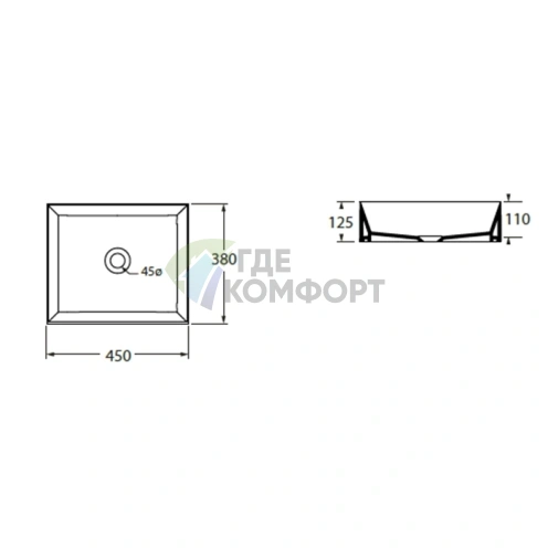 Подвесная-накладная раковина AZZURRA ELEGANCE Squared 45x38x15 см белая без отверстия под смеситель - фото 2