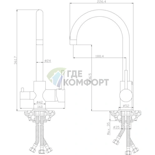 Смеситель для кухни Rossinka Z35-28: хромированный с черным изливом из латуни - фото 2