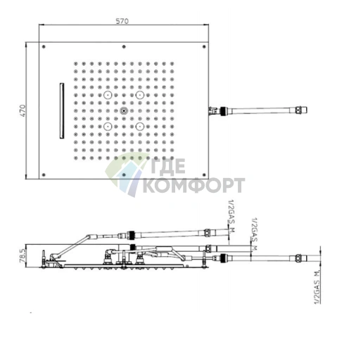 Верхний душ BOSSINI DREAM/3 570x470 мм, 3 режима (дождь, каскад, туман), никель шлифованный (H38930.094) - фото 2