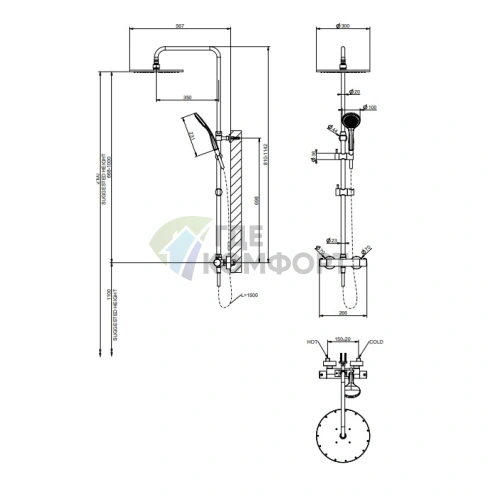 GESSI Minimalistic: Душевая стойка с термостатом, верхним и ручным душем в хроме (35177#031) - фото 2