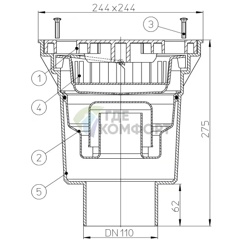 Трап HL606LW с решеткой 226x226 мм-грязеуловителем и вертикальным выпуском DN110 - фото 3
