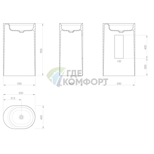 Раковина KNIEF Glow свободностоящая 55х40х90 см без перелива с выходом в пол белая матовая - фото 2