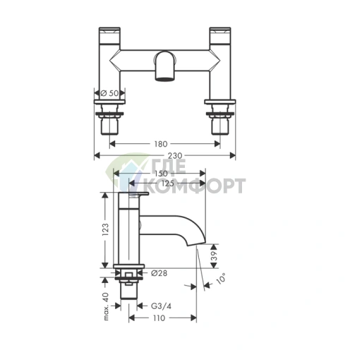 Смеситель для ванны Hansgrohe Vernis Blend на два отверстия, излив 110 мм, хром (71442000) - фото 2