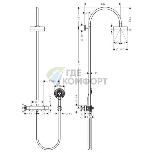 Душевая стойка AX Citterio с термостатом и верхним душем 180 мм (39670000) - фото 2