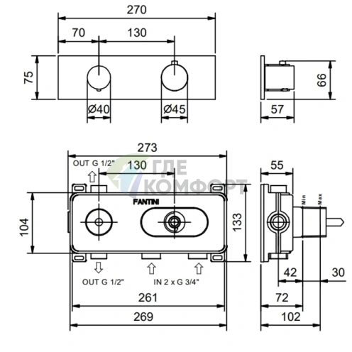 Термостатический встраиваемый смеситель для душа Fantini Nostromo: 2 потока, поворотная ручка, цвет «Золото плюс» (87 01 G572B) - фото 2