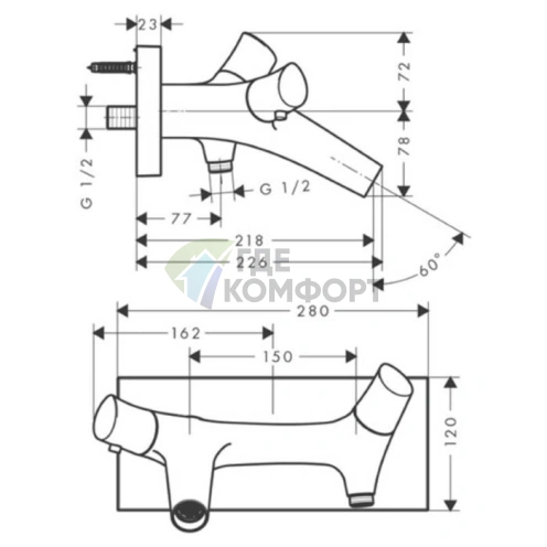 Термостатический смеситель для ванны AX Starck Organic с двумя изливами, настенный, хром (12410000) - фото 2