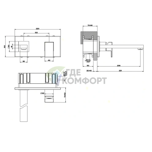 Gessi Rettangolo — Встраиваемая однорычажная модель с коротким изливом (206 мм) в хроме (44836#031) - фото 2