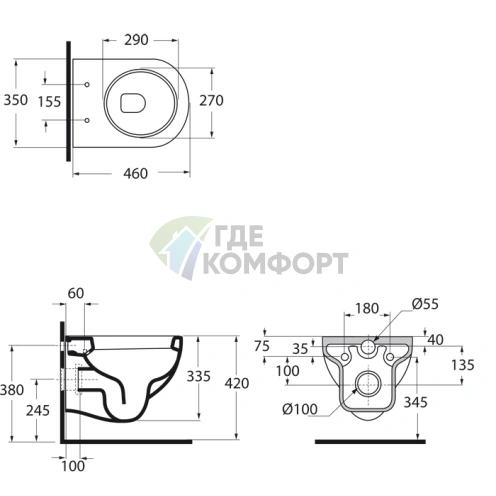 Подвесной унитаз AZZURRA NUVOLA Mini 46x35 см белый с системой инсталляции KIT2000TU (NUV146/SOSK bi)) - фото 2