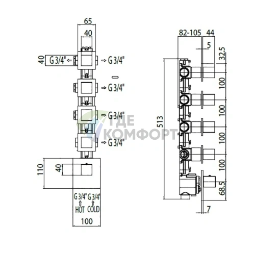 Термостат для душа Bossini прямоугольный встраиваемый с девиатором и 3 вентилями (5 выходов), хром (Z033208.030) - фото 2