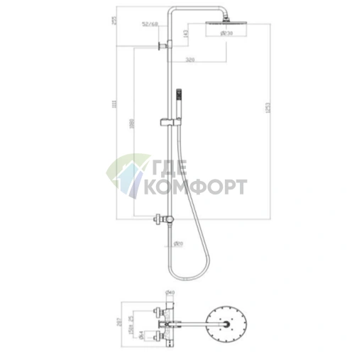 Настенная душевая колонна Bossini Cosmo с термостатом и ручным душем в матовом черном цвете (L10093.073) - фото 2