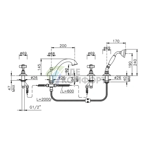 Смеситель для ванны Nicolazzi Dames Anglaises с переключателем и ручным душем, 4 отверстия, хром (1404CR18) - фото 2