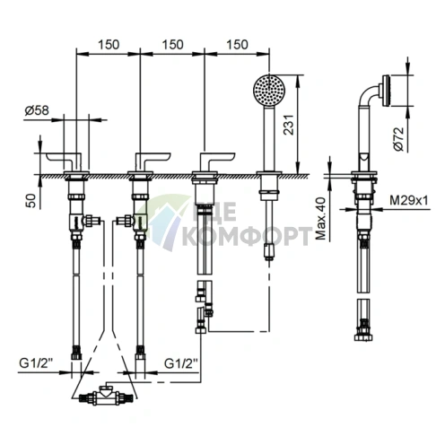 Смеситель для ванны Fantini Icona Deco с ручным душем (хром) (53 02 R167) - фото 2