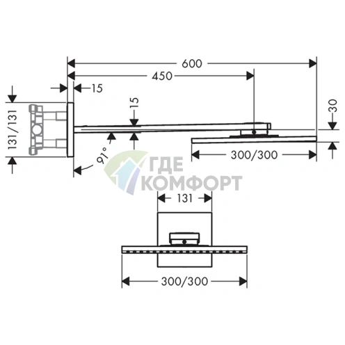 Верхний душ AX ShowerSolution 300x300 мм с держателем и настенным креплением (35318000) - фото 2