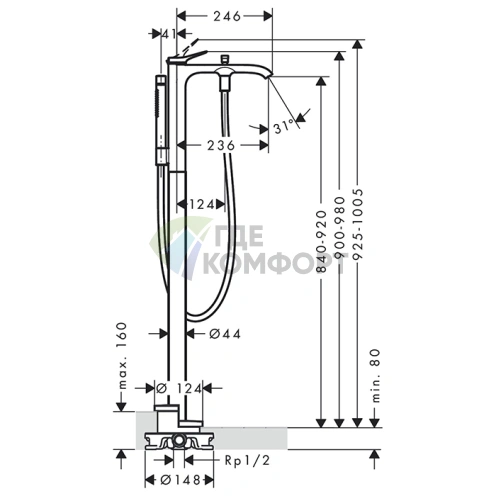 Смеситель для ванны HANSGROHE VIVENIS с ручной лейкой — хром (75445000) - фото 2