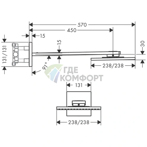 Верхний душ AX ShowerSolution 250x250 мм, 2 форсунки, с держателем 450 мм, хром (35310000) - фото 2