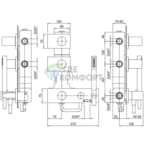 Термостат для душа Fantini Milano на 3 выхода, 3/4, наружный монтаж (матовая натуральная сталь) (31 93 4713B) - фото 2