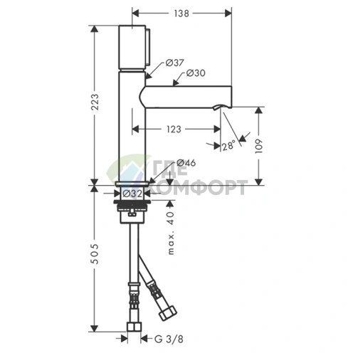 Смеситель для раковины AX Uno с незапираемым донным клапаном, хром (45012000) - фото 2