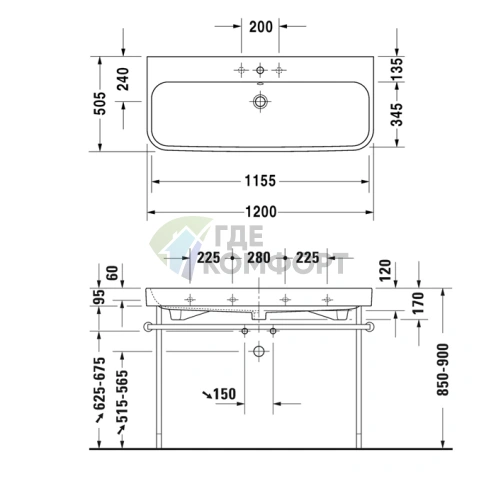 Раковина Duravit Happy D2 для мебели 1200 мм, белая, шлифованная, с переливом и заглушкой (2318120028) - фото 2