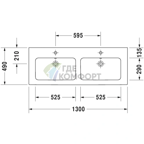 Двойная раковина Duravit ME by Starck для мебели, белая, 1300x490 мм, с переливом и 3 отверстиями под смеситель (2336130030) - фото 2