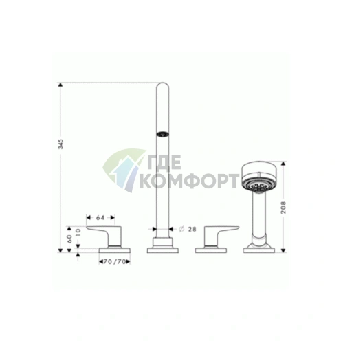 Смеситель для ванны AX Citterio M с ручным душем и рычаговыми рукоятками, хром (34454000) - фото 2