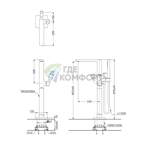 Смеситель для ванны TOTO Jewelhex с ручным душем Active Wave (TBG02306R) - фото 2