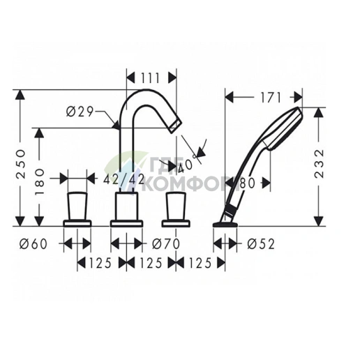 Смеситель для ванны Hansgrohe Logis с ручным душем 1jet, на 4 отверстия, излив 125 мм, хром (71314000) - фото 2