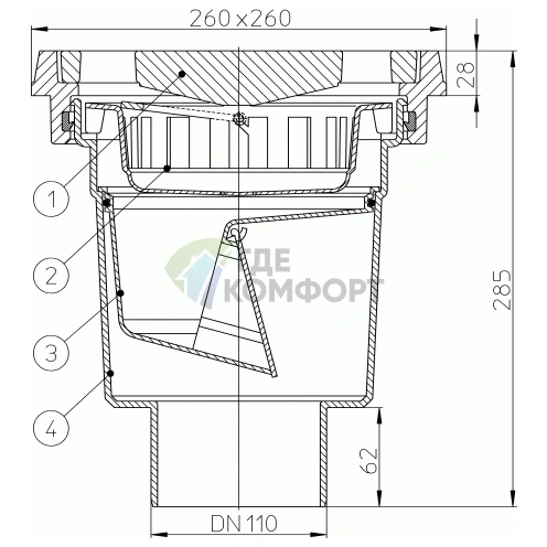 Трап HL606.1 с решеткой 226x226 мм-незамерзающим запахозапирающим устройством и вертикальным выпуском DN110 или DN160 - фото 3