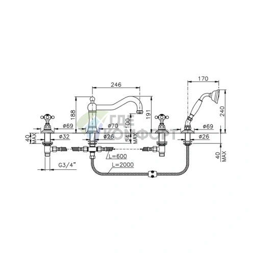 Смеситель для ванны Nicolazzi El Capitan с ручным душем, бронза (1449BZ69) - фото 2