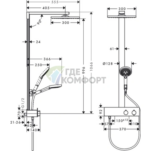 Душевая система HG Raindance E с термостатом, верхним и ручным душем, полкой и EcoSmart (27362000) - фото 2