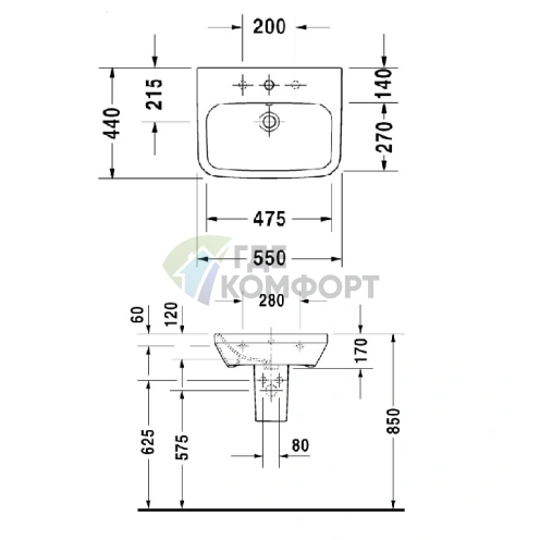 Подвесная раковина DuraStyle с полупьедесталом 550x440 мм, белая (2319550000) - фото 3
