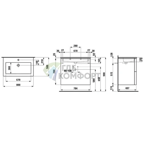Тумба с керамической раковиной Laufen Kartell 800 мм белая с шиферными ящиками (8.6033.5.642.104.1) - фото 2