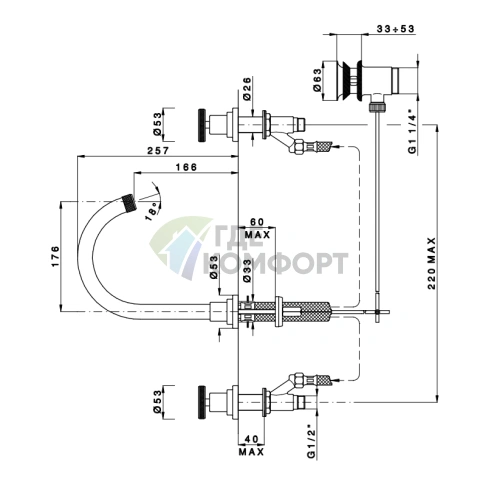 Смеситель для раковины Nicolazzi Arena с автоматическим сливом, 3 отверстия (3308CR44) - фото 2