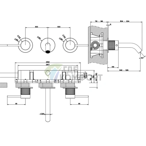 GESSI Встраиваемый смеситель для раковины на 3 отверстия в матовом черном цвете (54492#707) - фото 2